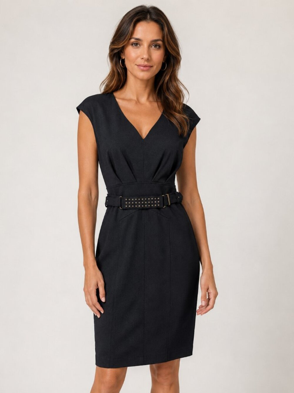 Jennifer Lopez (J.Lo) Little Black Dress Women Size 10 Belted Jersey V-Neck Knee